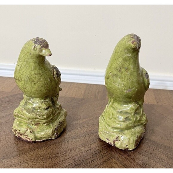 MCM Green Crackle Glaze Art Pottery Bird Figures Set Of 2 Farmhouse Bird Lovers - Picture 2 of 13